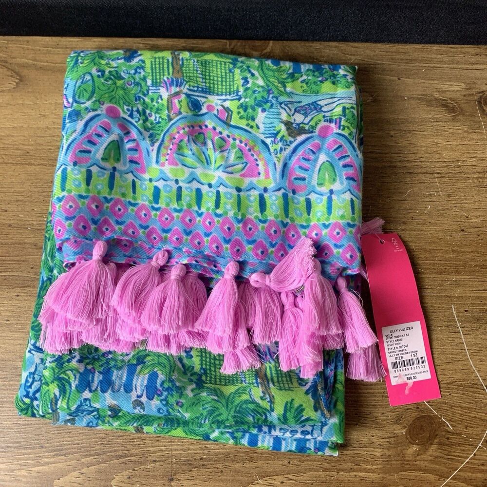 Lilly Pulitzer Resort Scarf Multicolor Sprout Green  One Size Tassle Pink Beach